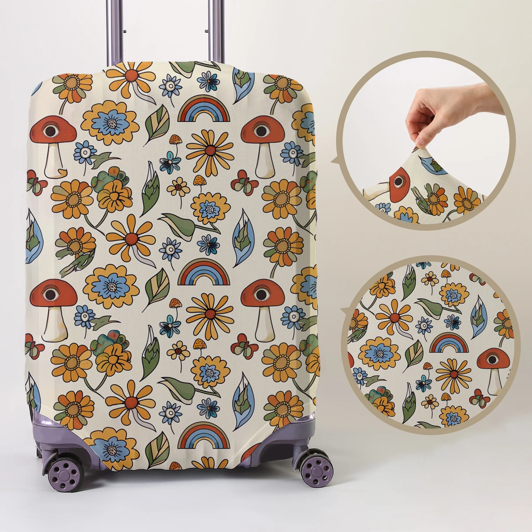 

Защитный чехол для багажа с полноцветным принтом в стиле ретро-психеделики с изображением грибов и цветов, подходит для чемоданов размером 18-32 дюйма, lugga