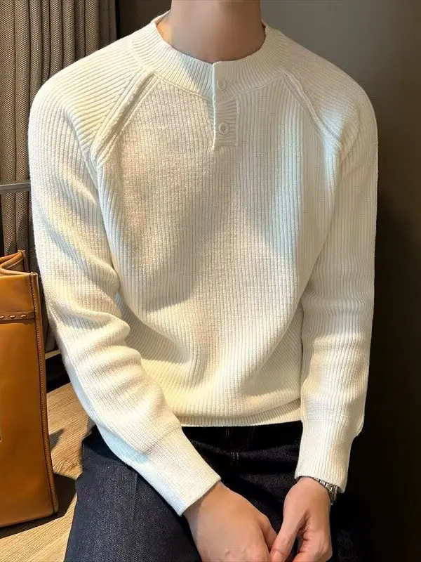 

Свободный крой, длинный вязаный свитер Sve, корейский однотонный мужской свитер с воротником Генри, осень-зима, универсальный, удобный, теплый