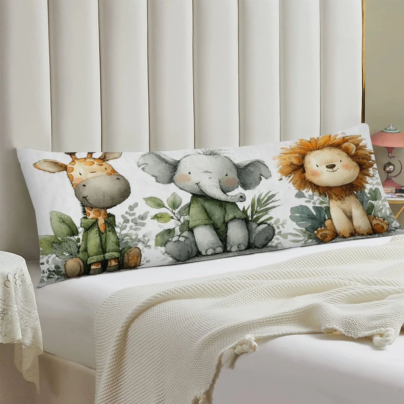 Jungle Friends Trio Pillowcase - Giraffe, Elephant, and Plush Bed Pillow Cover, Double-Sided Print Large Bed Sham, Soft and Comf