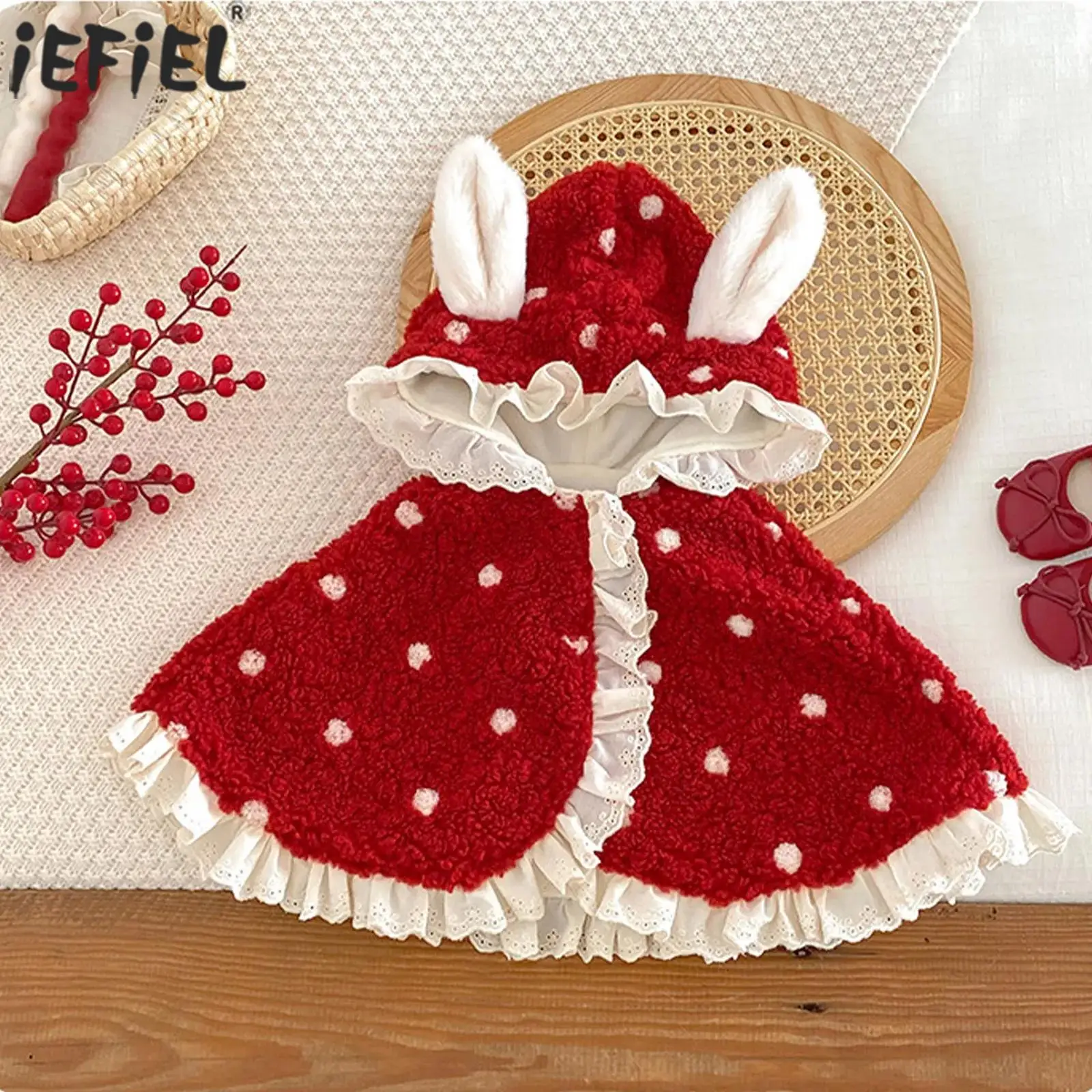 

Флисовый плащ с капюшоном для маленьких девочек, накидка с кружевной отделкой в горошек, теплое пушистое пальто с кроличьими ушками для рождественского праздника, новогодней вечеринки