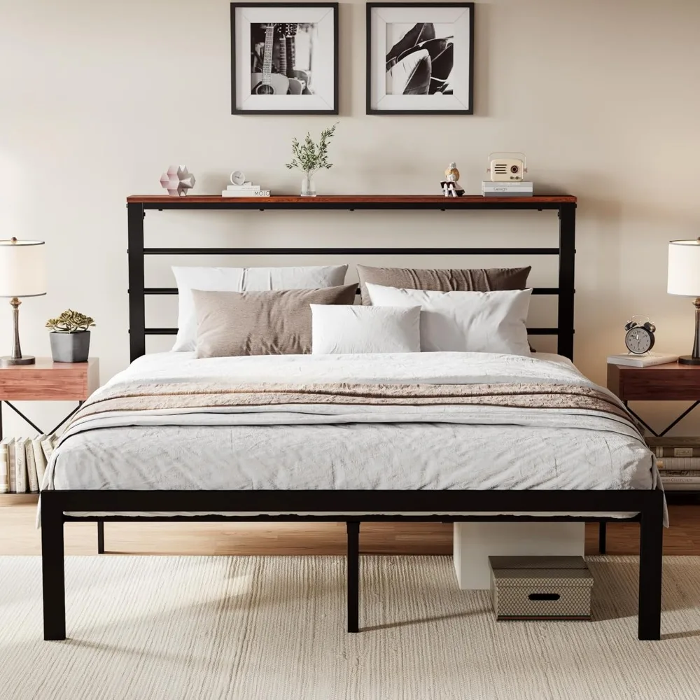 

SHA CERLIN Queen Size Bed Frame with Headboard Shelf and Strong Metal Foundation, No Box Spring Needed, Brown