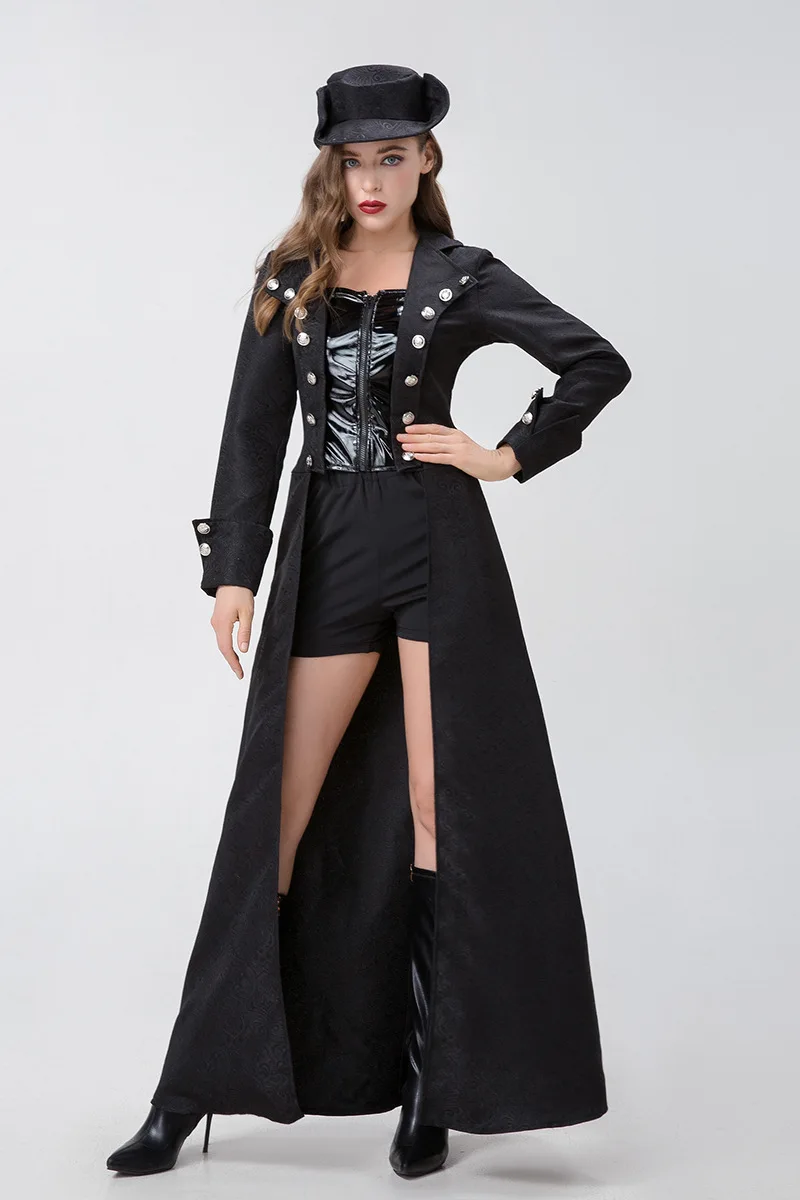 Steampunk Women Costume Set Black Double Breast Trench Coat Halloween Pirate Cosplay Medieval Ladies Swordsman Carnival Outfit