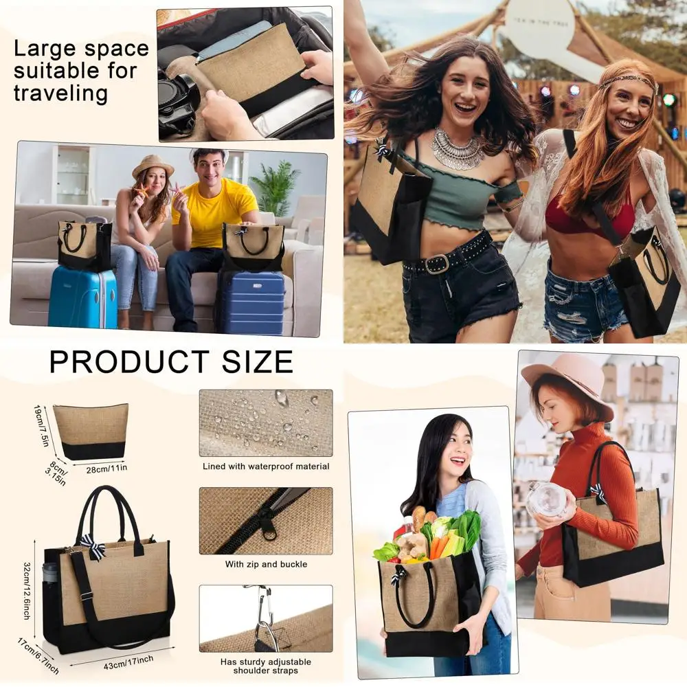 

Большие многоразовые сумки-тоуты из джута, 17x13x7 дюймов, с ручками для косметики, для женщин и пляжного отдыха, DIY