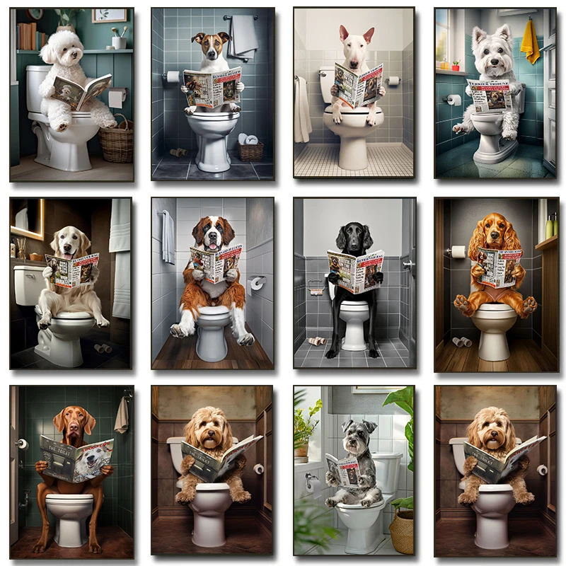 Póster divertido para baño, lectura de perros, periódico en el baño, impresiones, regalo para dueño de mascotas, pintura en lienzo, imagen artística de pared, decoración del hogar y el baño
