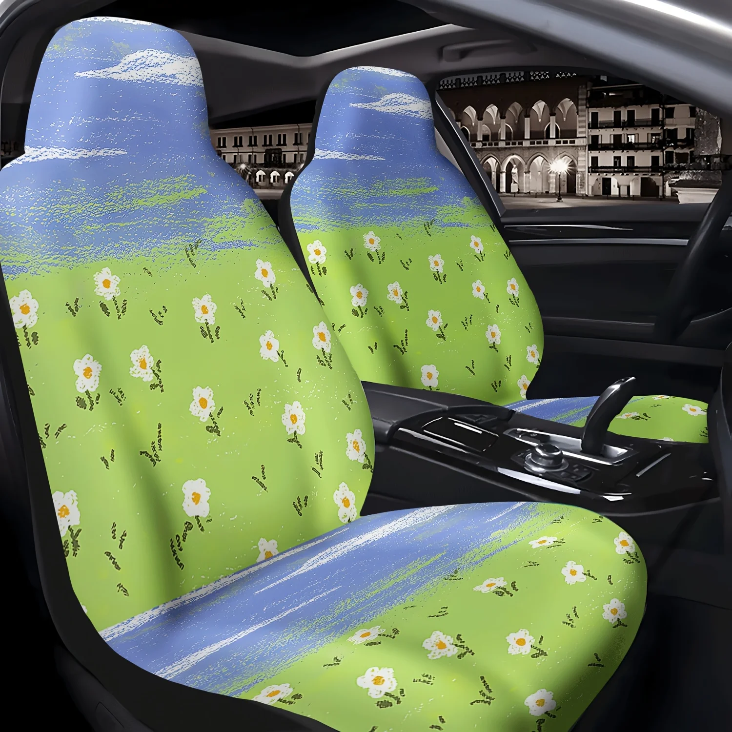 Set Of 2 Cute Daisy Garden Pattern Car Seat Covers, Adorable Interior Additions For Front Seats, Suitable For Cars, Trucks, Vans