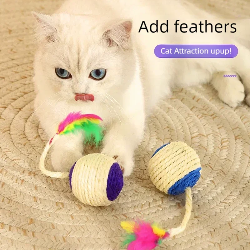 Cat Sisal Shuttlecock Feather Toy Bite Resistant Scratching Molar Interactive Plaything For Kitten Indoor Cat Mental Stimulation