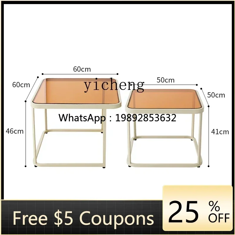

ZC Cream Style Tea Table Small Apartment Living Room Home Small Square Table Combination Glass Tea Table