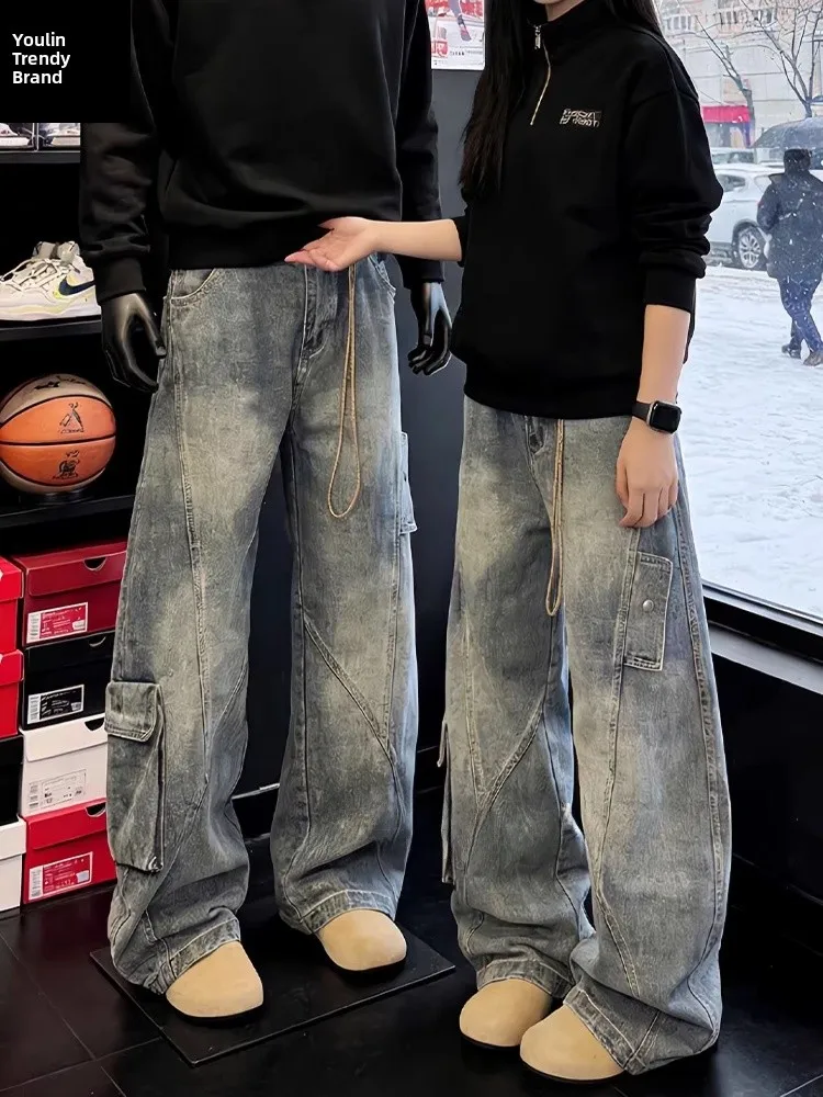 

Washed Blue Denim Jeans Men's Spring American Retro A-Line Straight Leg Wide Leg Workwear Pants Knife Distressed Jeans