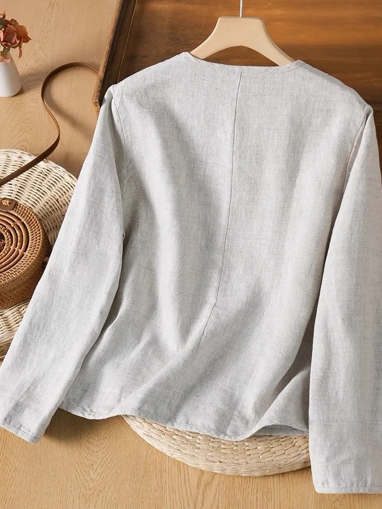 Retro Cotton Linen Long Sve irt Women's Loose Slim ort Coat round Ne Top Casual Sle Vintage Faion plus Size