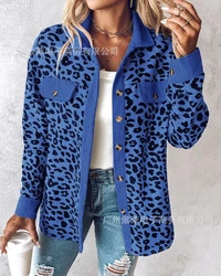 Elegant Women's Winter New In Jacket Casual Blue Leopard Print Single Breasted Lapel Fashion Commuter Women's Coat Clothes Y2K