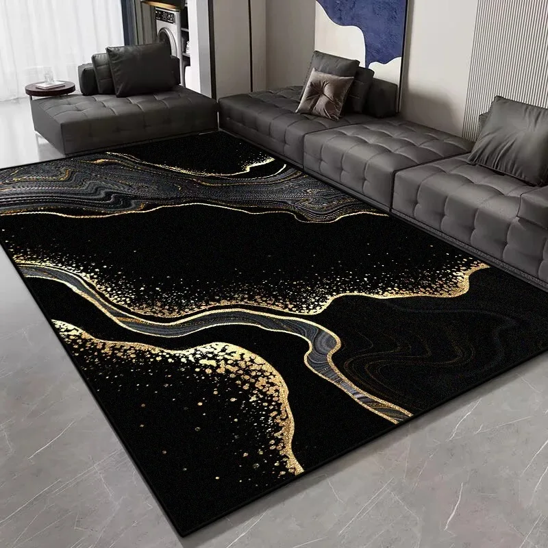 Black Marble Abstract Area Rug Tech Fabric Diatom Mud Non Slip Easy Clean Soft Foldable Floor Carpet Living Room Bedroom Office Lounge Sofa Coffee Table Home Decor Modern Stone Design Hallway Interior Decoration Luxury Room Accent