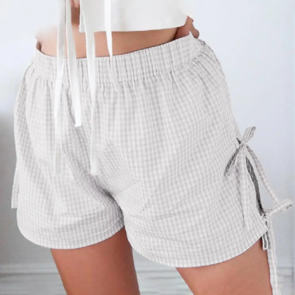 Women Loose Shorts Plaid Print Women's Summer Shorts with High Elastic Waist Lace-up Bow Detail Retro Style Casual Sport