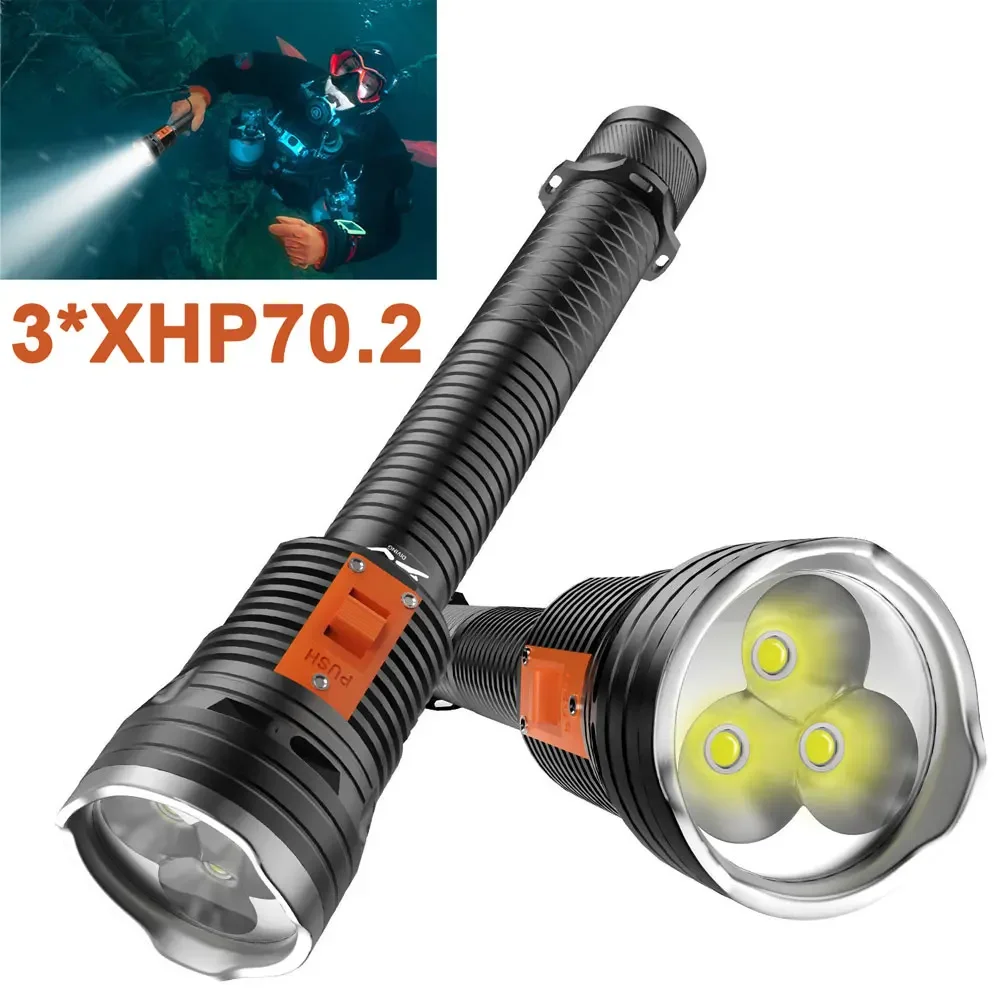 

Professional 3*XHP70 LED Scuba Diving Flashlight with 3*26650 batteries IPX8 Waterproof Submarine 200M Underwater Dive Torch