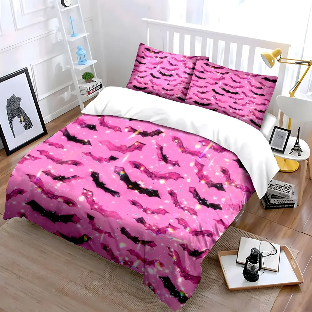 Pink Bat Party Decoration Set Soft Comfortable Duvet Cover Bedding Set Included 1*Duvet Cover & 2*Pillowcases, gift