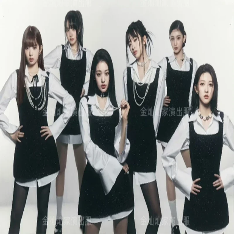 Kpop Girl Group Jazz Dance Sexy Black Shiny Sling Dress Music Festival Clothing Rave Wear White Blouses Dancewear Stage Outfit