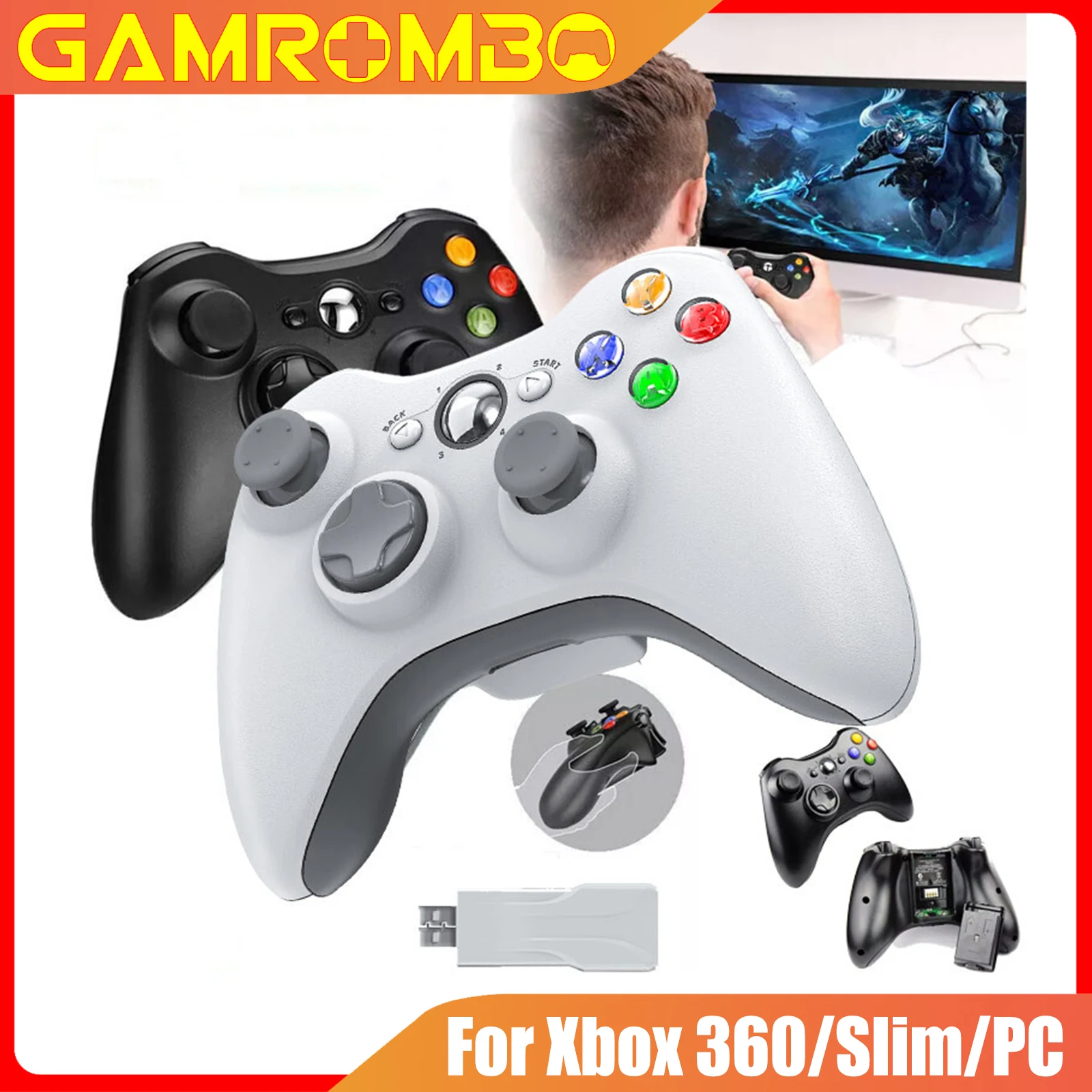 

GAMROMBO Game Controller For Xbox 360/Slim/PC Console Wireless/Wired Gamepad W/Ergonomic Grip Upgraded No Drift Gaming Joystick