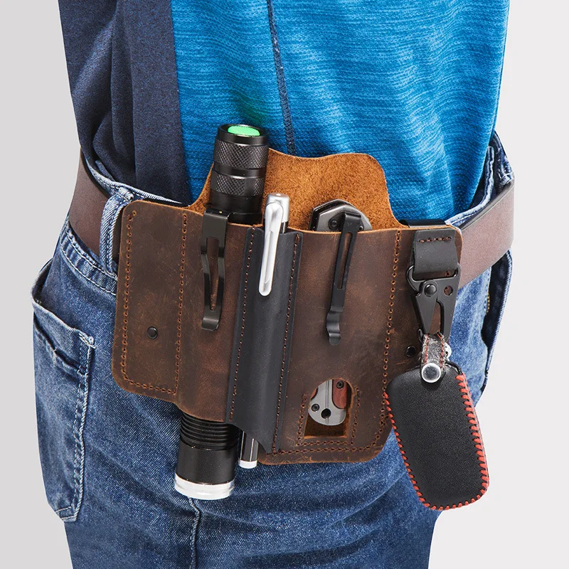 Imagem -06 - Couro Genuíno com Fivela Coldre de Cinto Portátil ao ar Livre Bolso Multifunções Tático Edc Multitool Bainha Bolsa de Caça