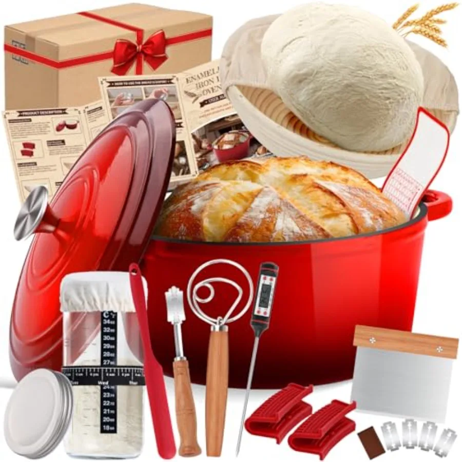 

Эмалированная чугунная голландская кастрюля с крышкой. Принадлежности для выпечки хлеба на закваске, как корзина для расстойки хлеба Banneton, стартовая Ja