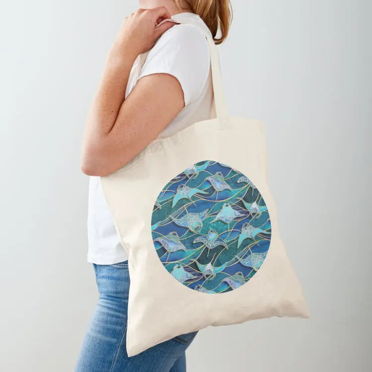 

Patchwork Manta Rays in Sapphire and Turquoise Blue Tote Bag reusable grocery bags eco bag folding cute tote bag Handbags