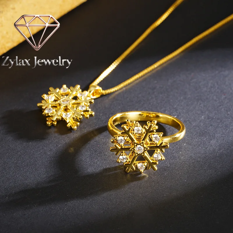 Zylax Jewelry Women's 24k gold necklace snowflake shining necklace micro-inlaid sparkling diamond sweet and lively AU999 ring