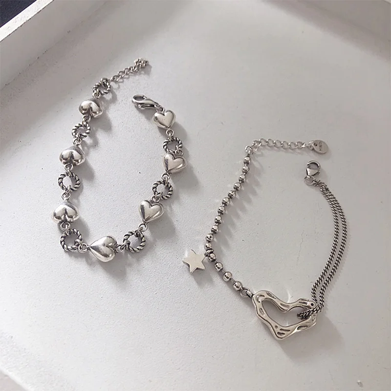 Foxanry 여성용 실버 컬러 러브 하트 기하학적 팔찌, 트렌디 빈티지 클래식 우아한 달콤한 기념일 쥬얼리 선물
