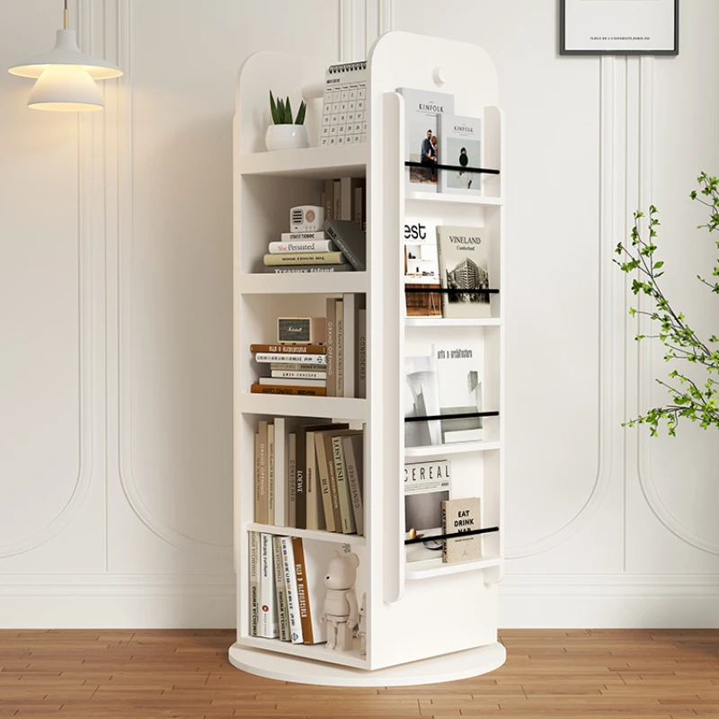 Solid wood rotating bookshelf 360 degree magazine bookcase floor-standing white display shelf for household children