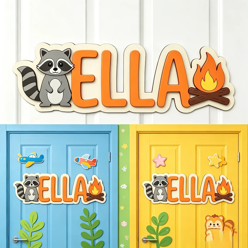 Letrero con nombre de mapache y fogata para el bebé más querido, colgante de madera personalizado para puerta, regalo adorable para niños aventureros
