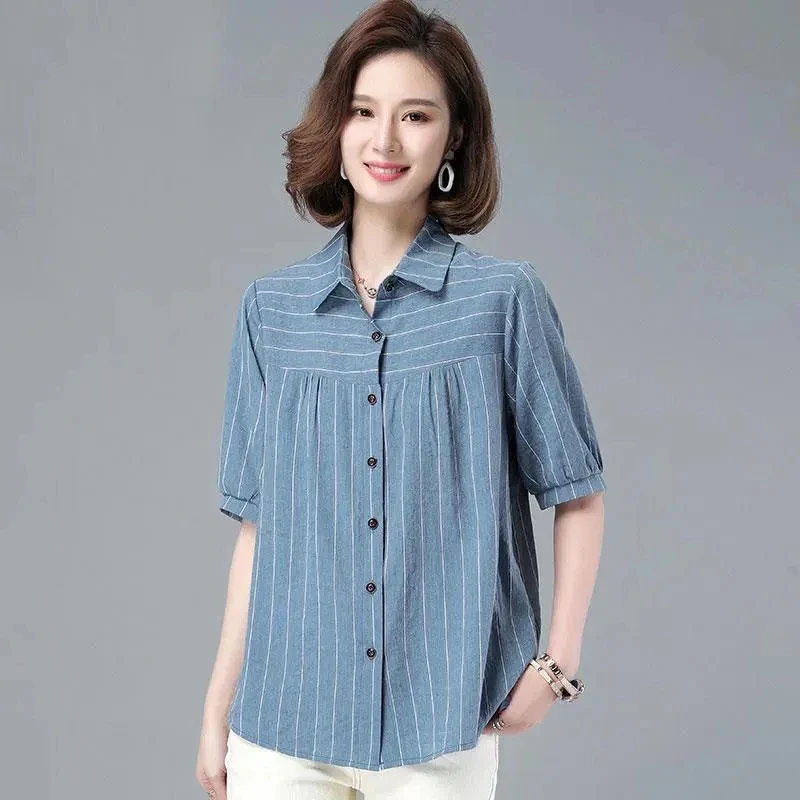 Cotton Nine-Point Sleeve Shirt Women's 2023 Summer New Korean Striped Shirt Temperament All-Match Five-Point Sleeve Top Blouser