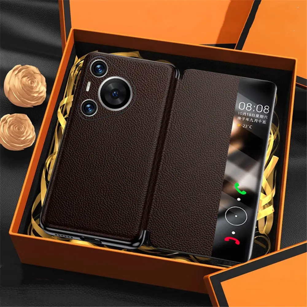 Genuine Cowhide Leather Magnetic Flip Case for Huawei Pura 70 Ultra 70 Pro Window View Holder Cover