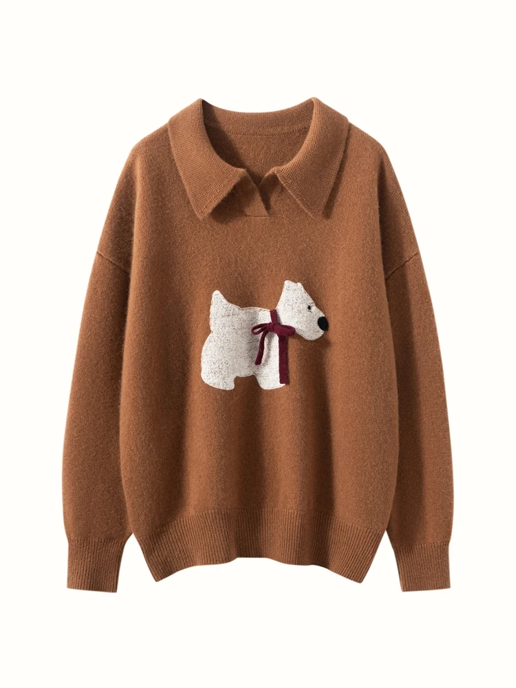 Autumn Winter Women's Pure Cashmere Pullover Sweater Lapel Collar Soild Loose Soft Comfort Knitwear Long Sleeve Tops Cute Puppy