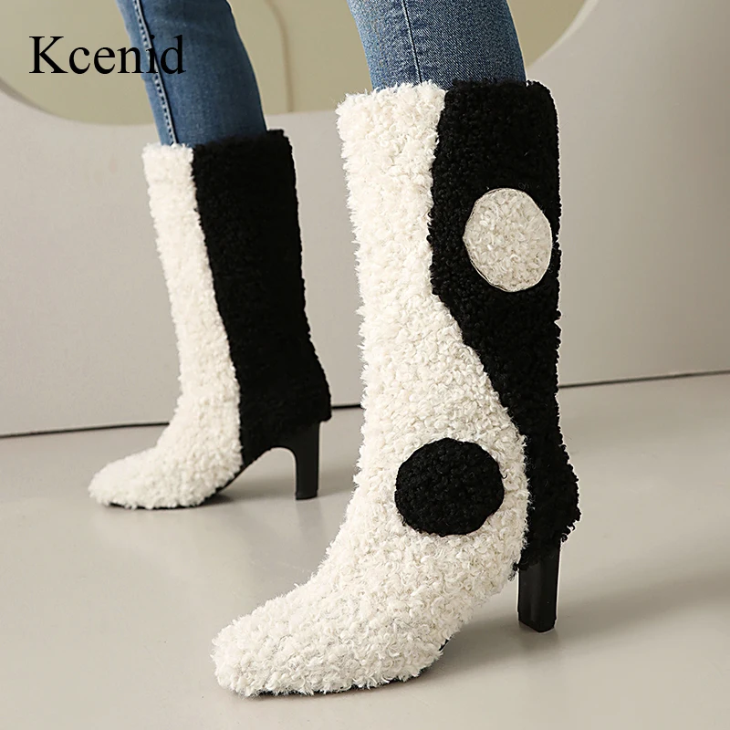 

Kcenid Big Size 35-44 Winter Warm Boots Plush Women High Heels Mixed Color Mid Calf Boots For Women Fashion Winter Shoes