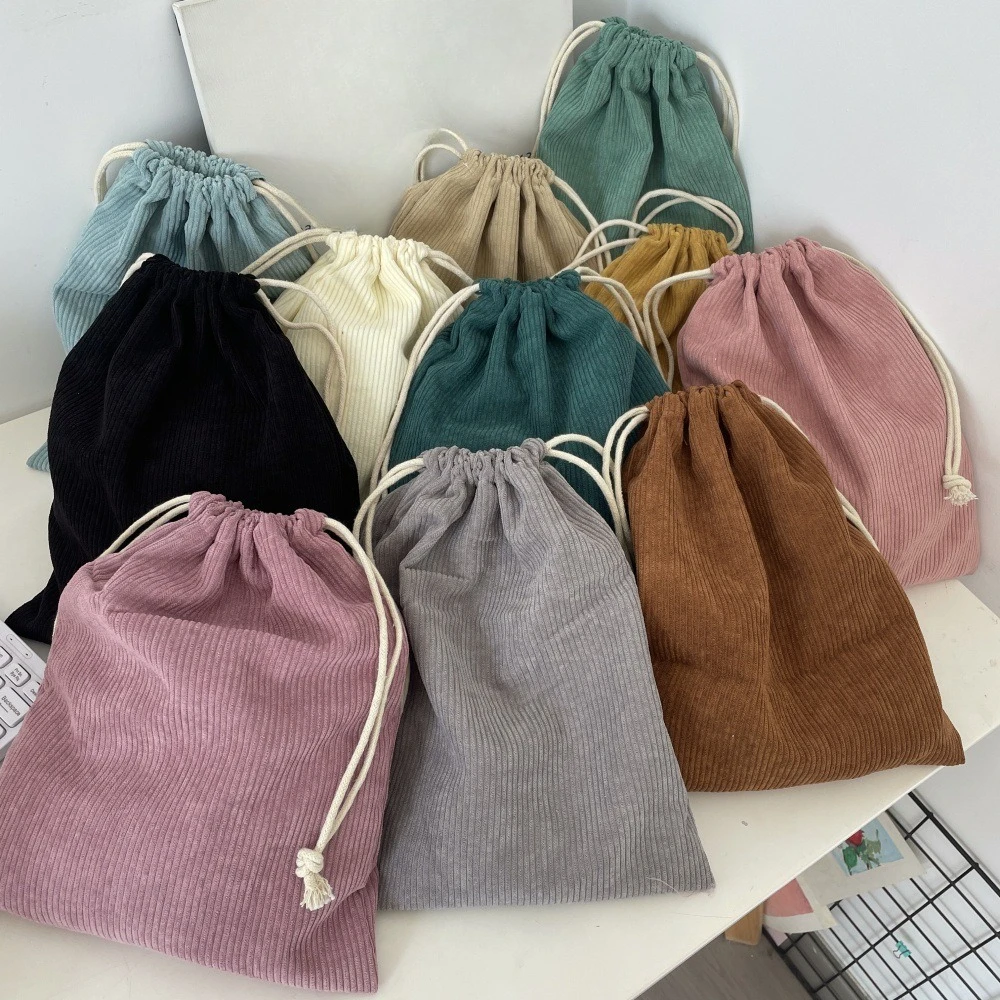 Corduroy Drawstring Makeup Bag Travel Cosmetic Organizer Portable Toiletries Storage Pouch Solid Color Cosmetic Bag