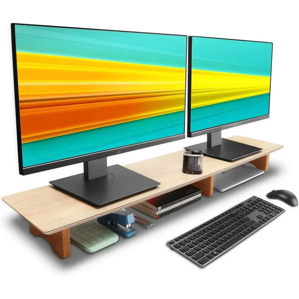 

Large Dual Monitor Stand Riser, Solid Wood Desk Shelf with Eco Cork Legs for Laptop Computer/TV/PC/Printers