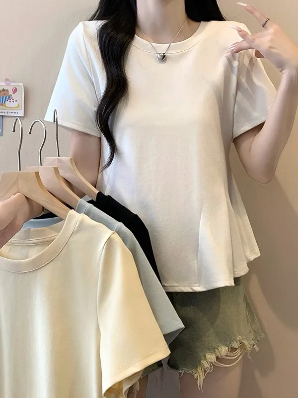 

Fashionable plus Size Women's T-Shirt round Neck Short Sleeve Korean Style Casual Breathable Summer Top Slimming Fish Tail Hem