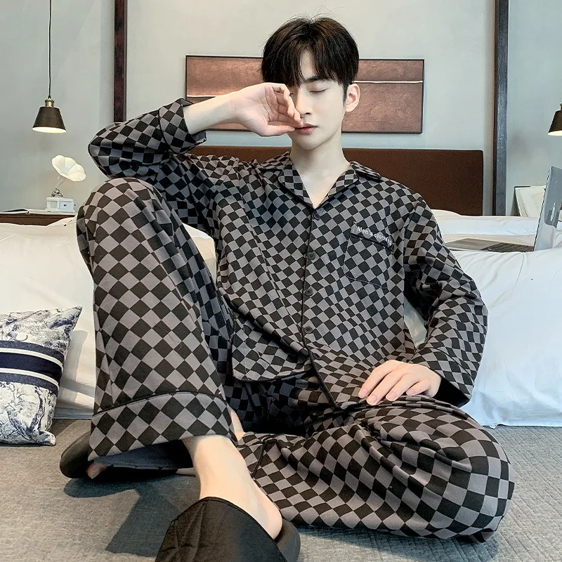 Spring Autumn Men's Cotton Pajama Set Lapel Long Sleeve Cardigan Pants Loose Fitting Casual Comfortable Home Clothing