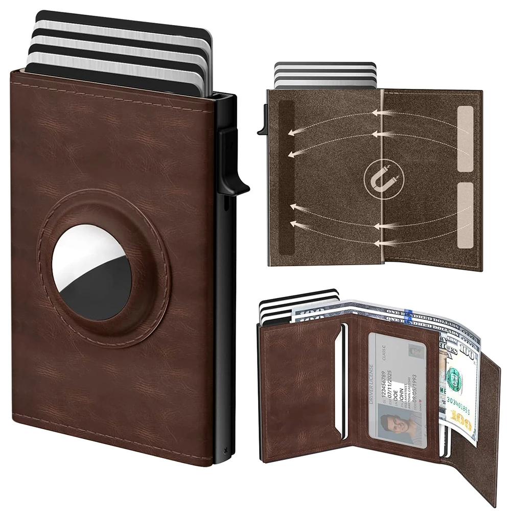 

Men Card Holder Wallet for AirTag with Positioning Slot Metal Purse Triple Fold RFID Blocking Credit Card Clip Money Storage Bag
