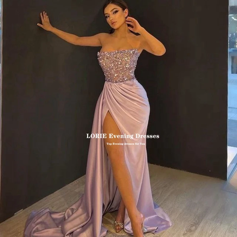 LORIE Mermaid Satin Evening Dresses 2022 Sparkly Beads Corest Robe De Soirée Femme Side Split Prom Gowns Vestidos De Noche