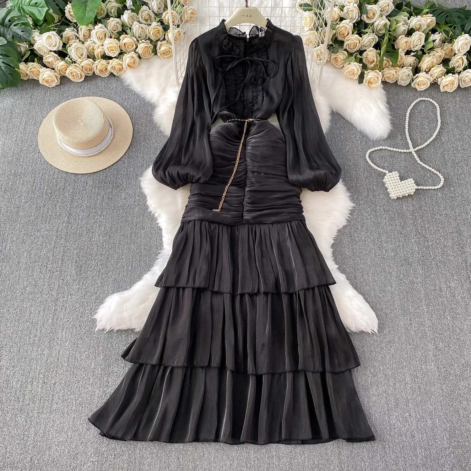 Francês elegante babados rendas longo vestido de baile de noite para mulheres manga longa lanterna frisado cinto ruched em camadas bodycon vestido