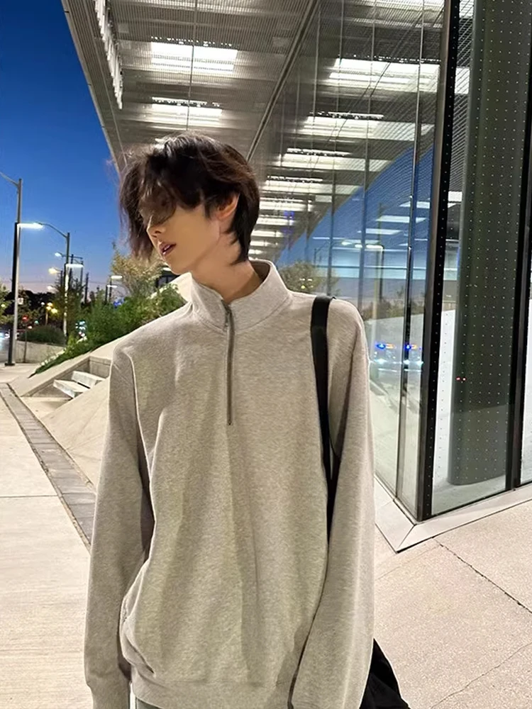 

ay Zip-Up Hoodie Men's High Collar Base irt Autumn Casual Inner Simple Top Trendy Long Sve Cotton Pure Color Hoodie