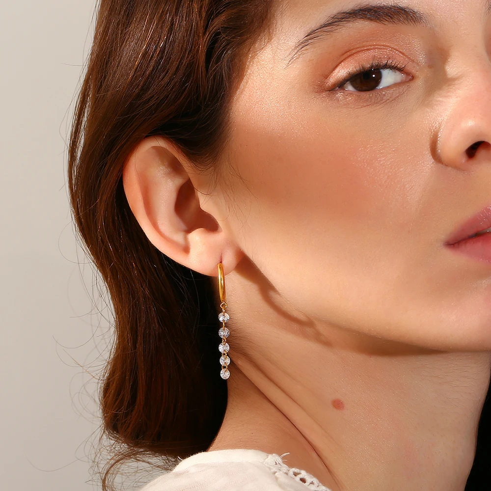 E.B.belle 18K Gold Plated Clear Pendant Multi Sizes Circle Hoop Earrings Stainless Steel Hypoallergenic Party Women Jewelry