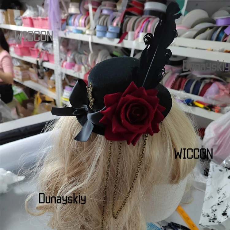 

Gothic Lolita Rabbit Bonnet Victorian Steampunk Top Hat Feathers Halloween Elegant Dark Fairy Tale Headpiece Runway Show