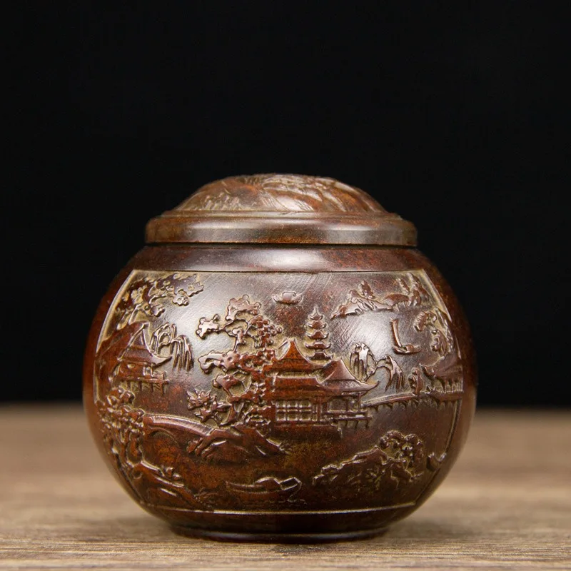 

Brass Tea Pot Small Sealed Jar Pu'er Storage Tank Household Metallic Can Purple Bronze Landscape Jar Metal Worker