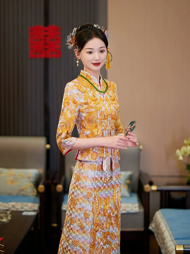 2025 Autumn New Xiuhe New Chinese Wedding Dress Wedding Dress Slimming Embroidery Dragon and Phoenix Coat Toasting Dress