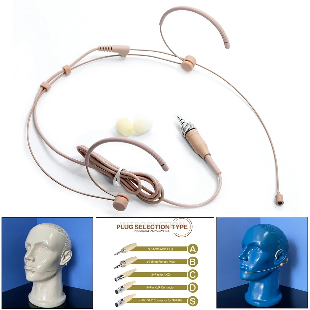 Beżowy zestaw słuchawkowy z podwójnym zaczepem na ucho Mikrofon z zamykaniem Mikrofon nagłowny 3,5 mm 3-pinowy 4-pinowy wtyk XLR do