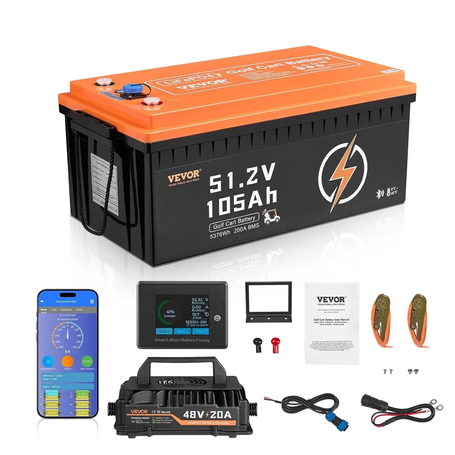 48V 105Ah Golf Cart Lithium Battery, 48 Volt Golf Cart Battery with 200A BMS, LCD Monitor and Mobile APP, LiFePO4, Customized