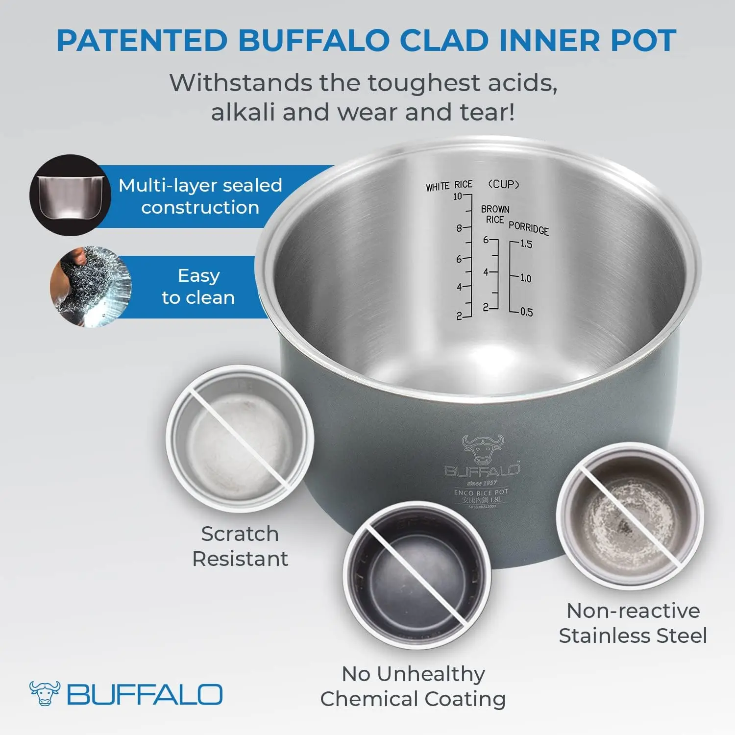 Classic Rice Cooker with Clad Stainless Steel Inner Pot - Electric Rice Cooker for White/Brown Rice, Grain - Easy-to-cle