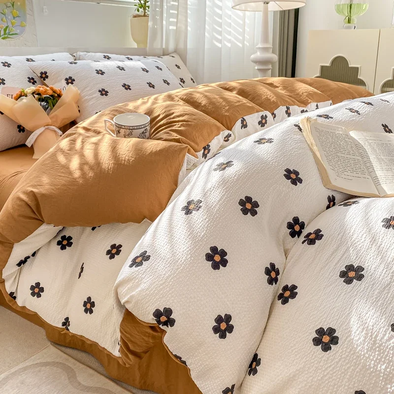 Flowers Bedding Set Simple Duvet Cover Sheet Pillowcase for Women Girls Single Double Size Bed Linen Washed Cotton Home Textiles