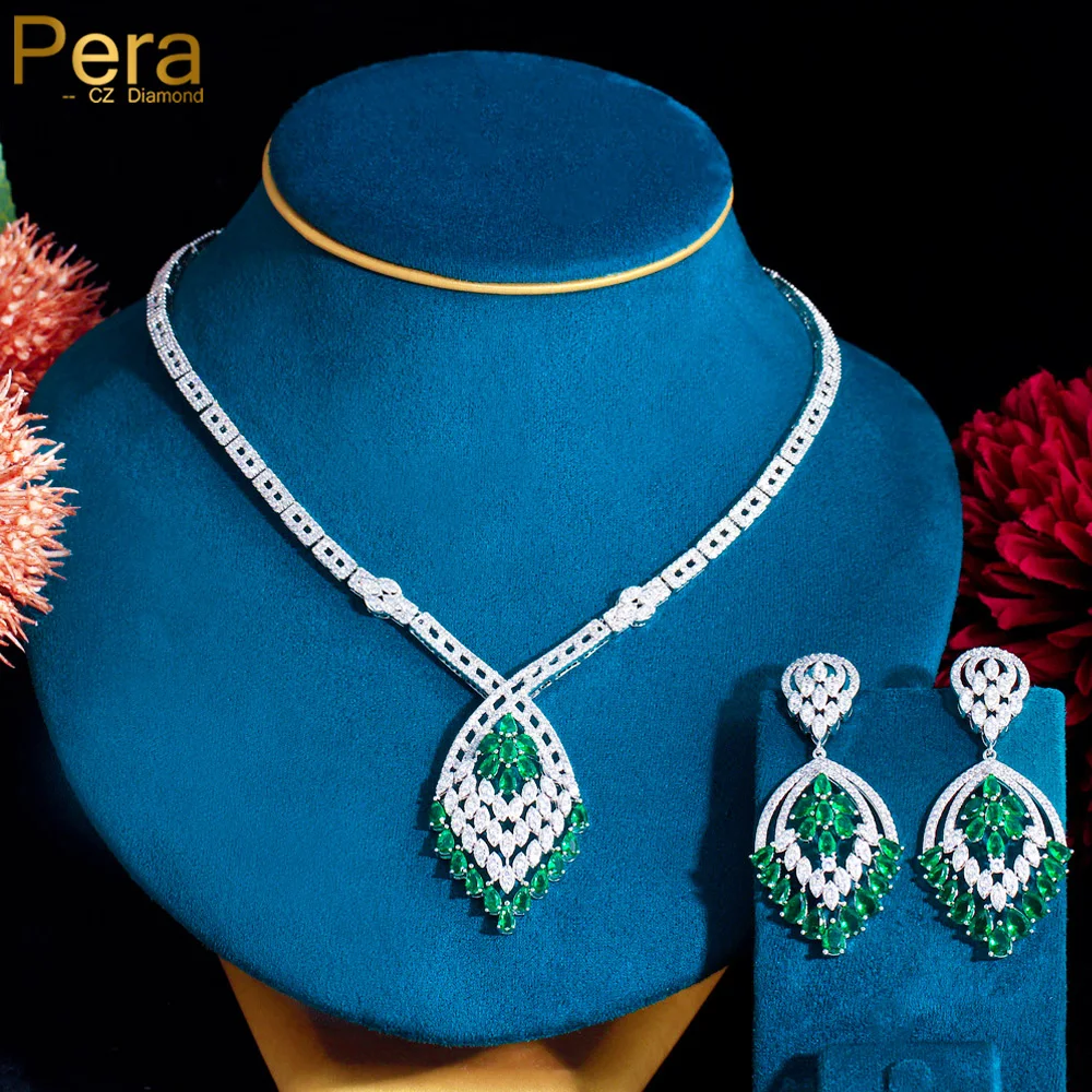 

Pera Gorgeous White Green Cubic Zirconia Bridal Wedding Feather Design Pendant Necklace Earrings for Brides Jewelry Sets J394