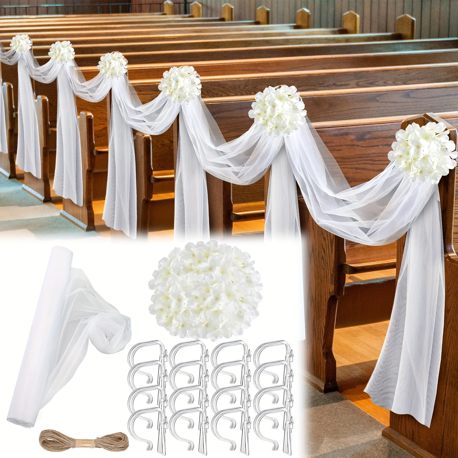 

34pcs Church Pew Wedding Decorations White Fabric Tulle Flower Pew Clips Wedding Aisle Decor for Party Church Ceremony Banquet Reception(White)