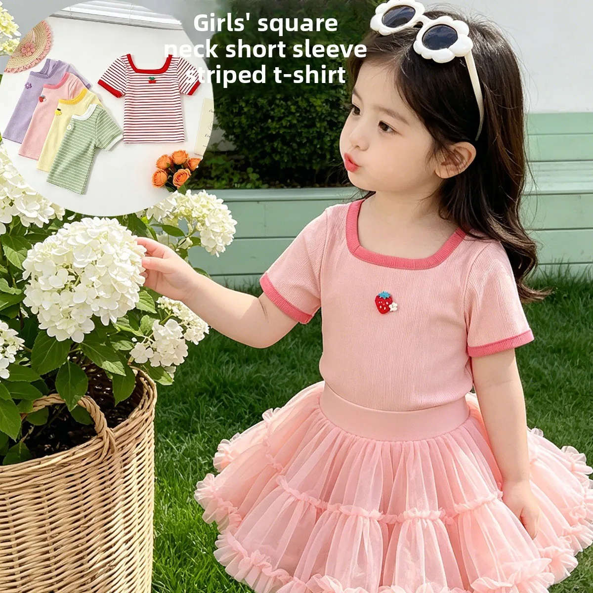 2026 New Summer Korean Style Girls T-Shirt Cartoon Applique Stripe Top for 1-6T Kids Thin Soft Square Collar Children Clothes